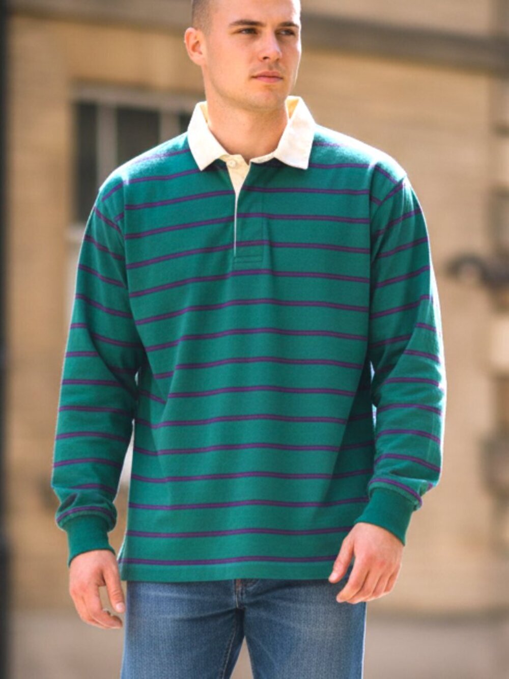 Munsingwear Vintage Rugby Shirt Long Sleeve Striped Polo Green Purple USA Mens L